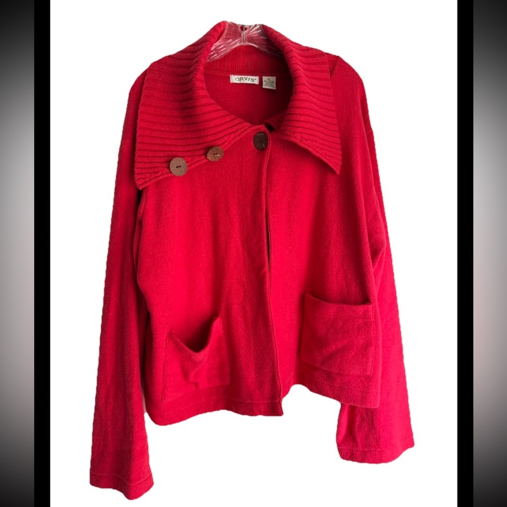 ORVIS Women’s Knit Red Jacket Shawl Collar Cardigan Sz XL